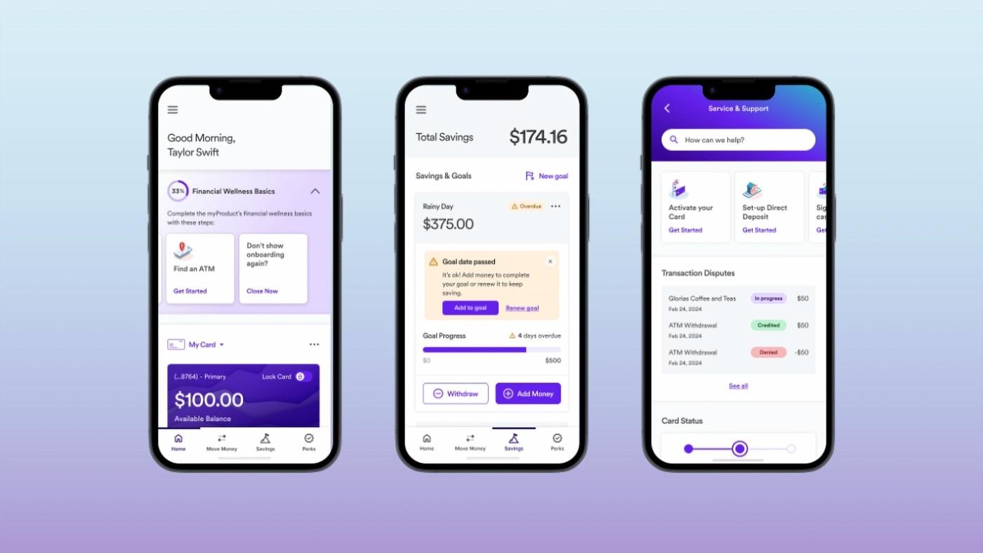 Three consumer banking app screens