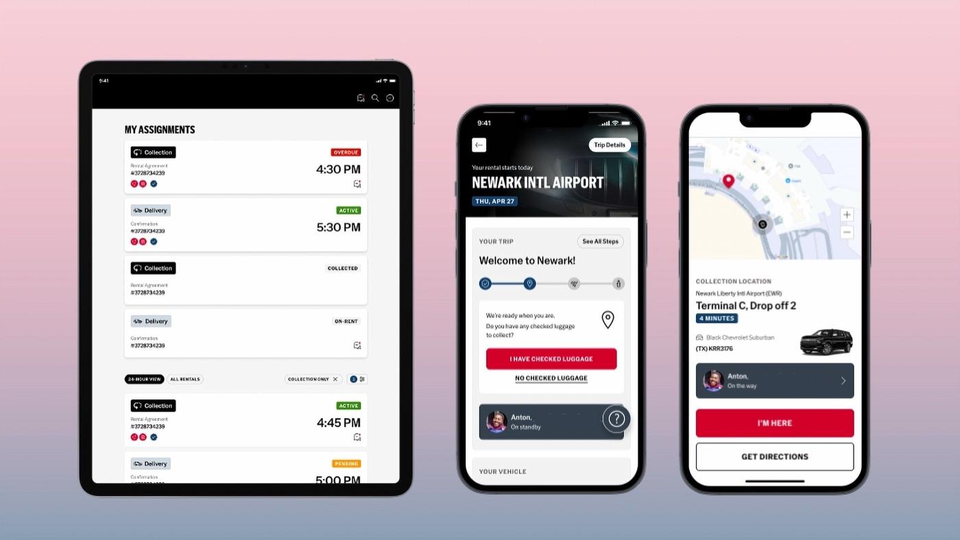 Customer and employee app screens for a vehicle rental service